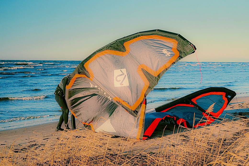 Kite gear and boards on the beach
